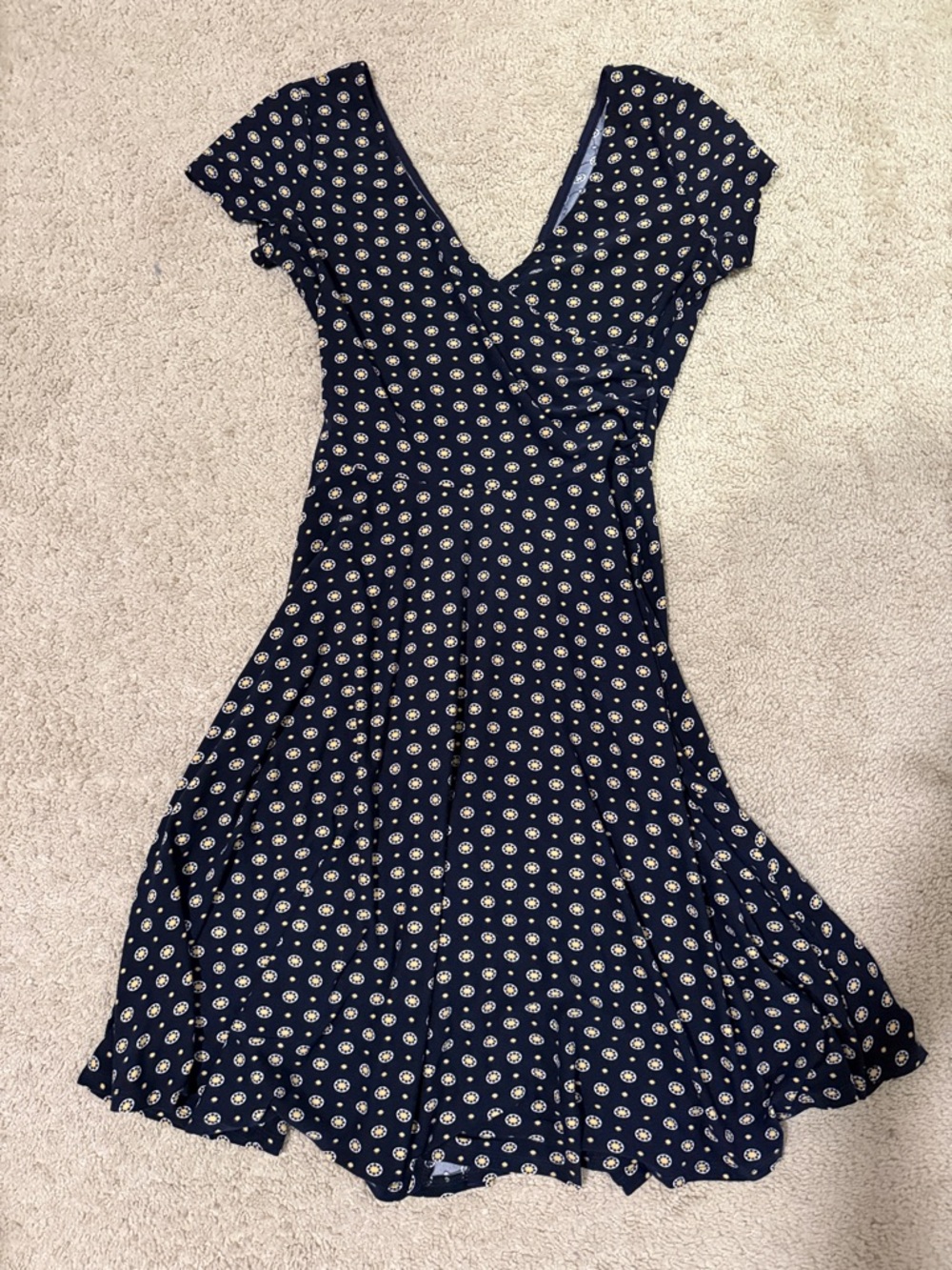 Kaileigh Navy Short Sleeve Wrap Midi Dress with Cream Dot Print